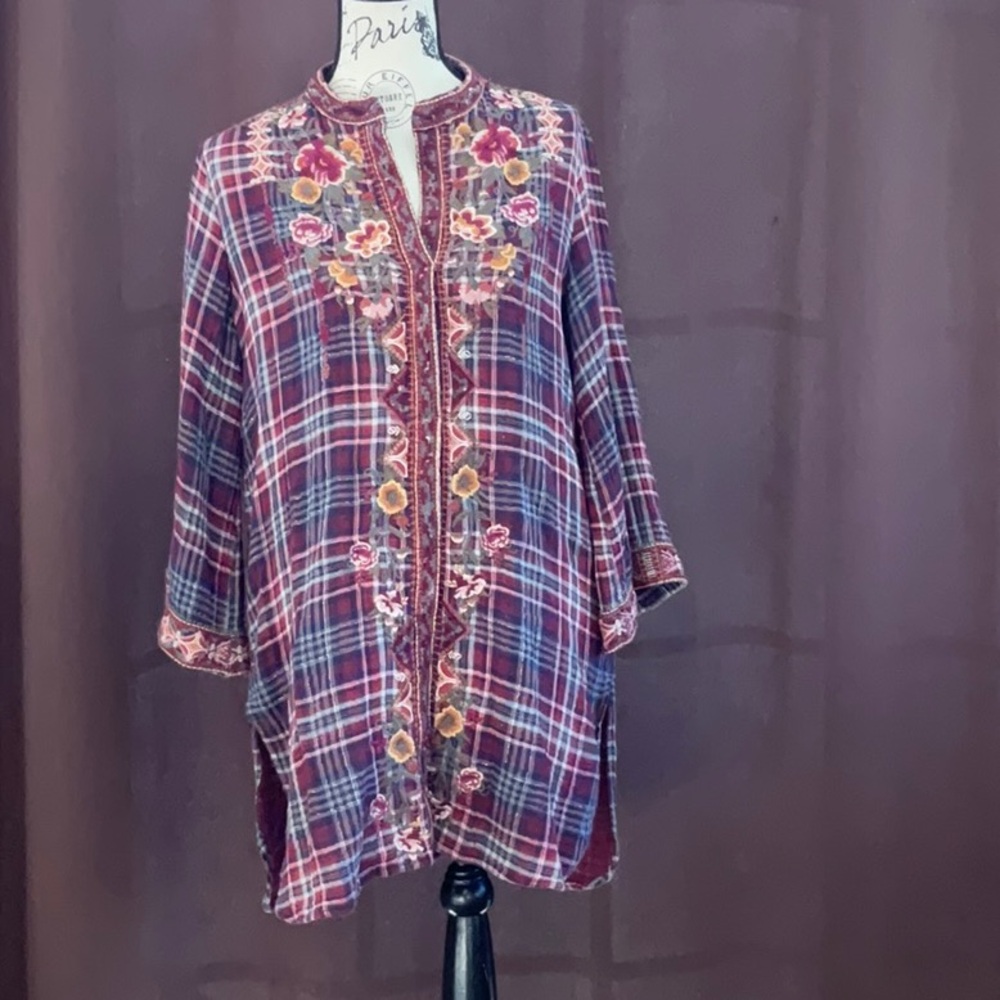 Johnny Was Burgundy Plaid Top with Embroidery